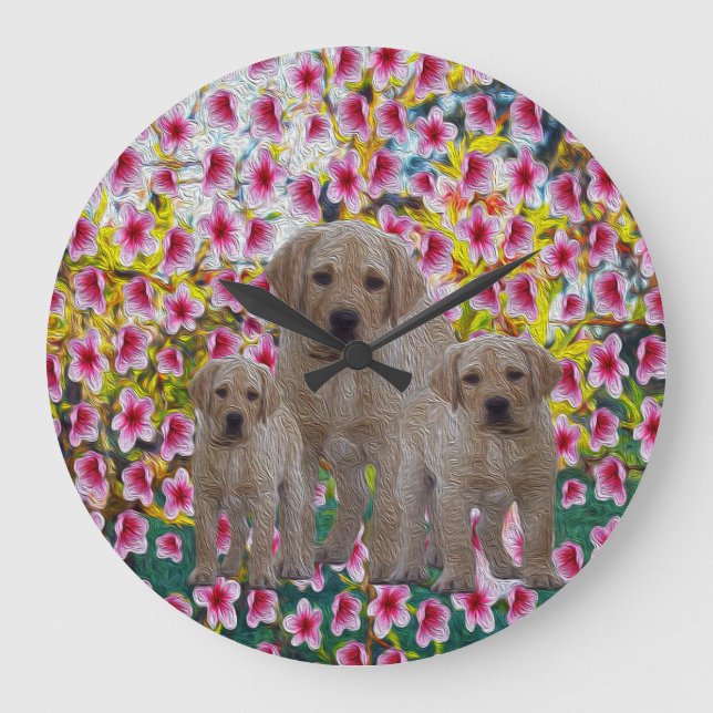 Three Labrador Puppies Oil Painted, Large Clock (Front)