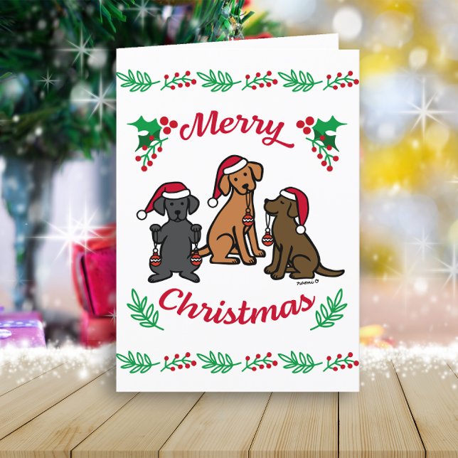 Three Labradors and Ornaments Christmas Holiday Card (Three Labradors and Ornaments Design Christmas Cards for Labrador Retriever Owners.  Cartoon Design.)