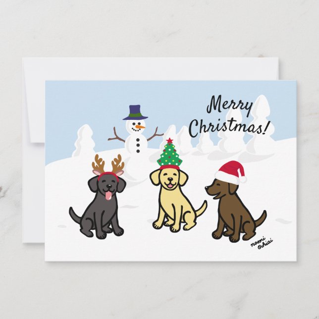 Three Labradors and Snowman Christmas Holiday Card (Front)