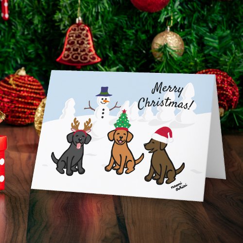 Three Labradors and Snowman Christmas Holiday Card