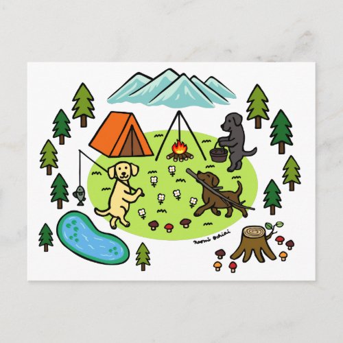 Three Labradors Camping Campsite Cartoon Postcard