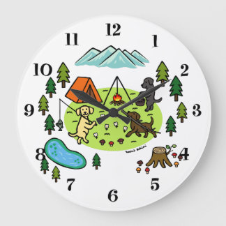 Three Labradors Camping Campsite Large Clock