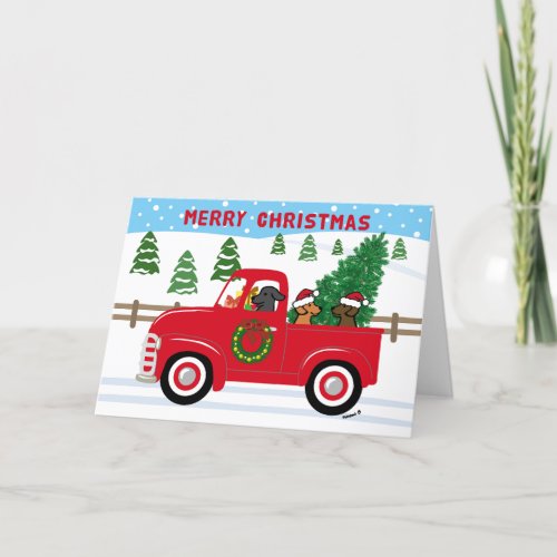 Three Labradors Red Truck Christmas Holiday Card