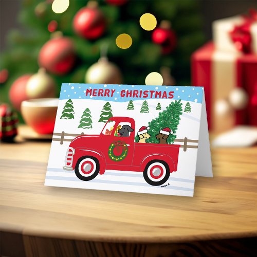 Three Labradors Red Truck Christmas Holiday Card