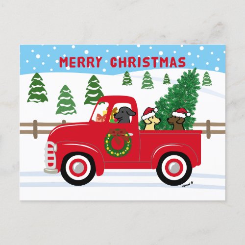 Three Labradors Red Truck Christmas Holiday Postcard