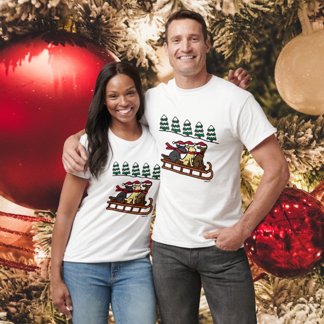 Three Labradors Sled Sliding Christmas T-Shirt (Three Labradors Sled Sliding Christmas T-shirt for Labrador Owners.  Cartoon style design.)