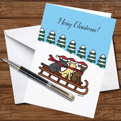 Three Labradors Sled Sliding Snow View Holiday Card