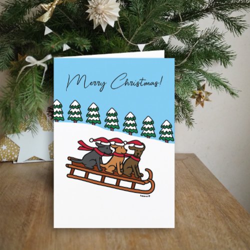 Three Labradors Sled Sliding Snow View Holiday Card