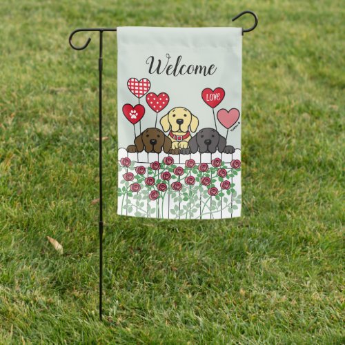 Three Labradors Watching Roses Welcome Garden Flag