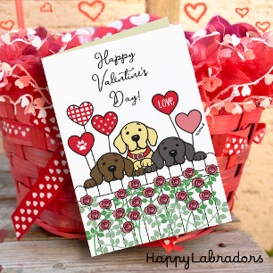 Three Labradors Watching Valentine Roses Holiday Card