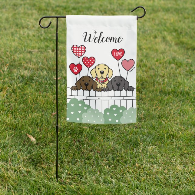 Three Labradors Watching Welcome Garden Flag (In SItu)