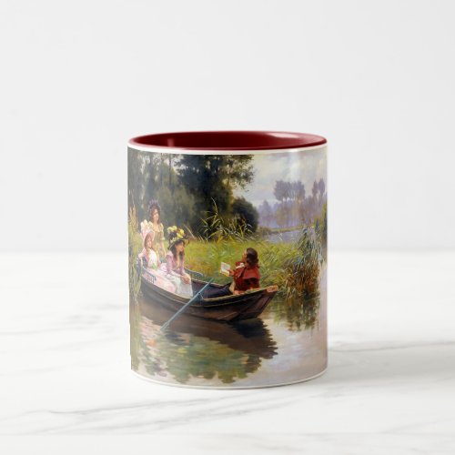 Three ladies and a man in a boat Two_Tone coffee mug