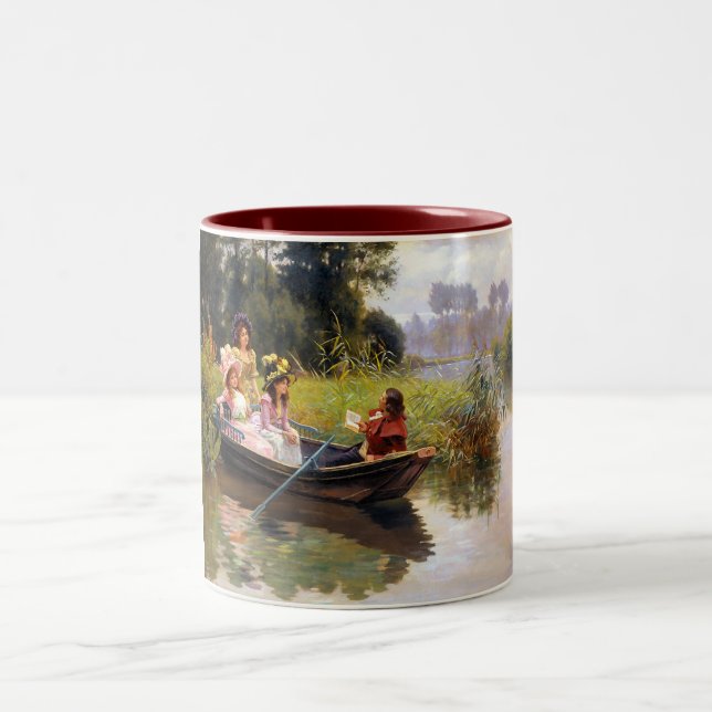 Three ladies and a man in a boat Two-Tone coffee mug (Center)