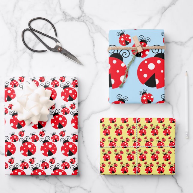 Three Ladybugs Design Wrapping Paper Sheets (Front)