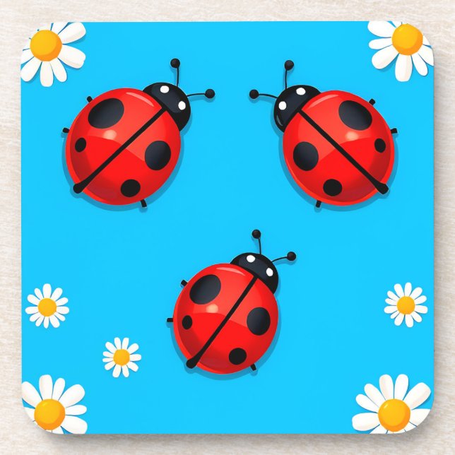 Three Ladybugs On Blue Background Nature Design Beverage Coaster (Front)