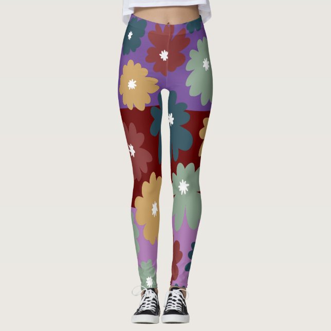 Three layers three colors background floral purple leggings (Front)