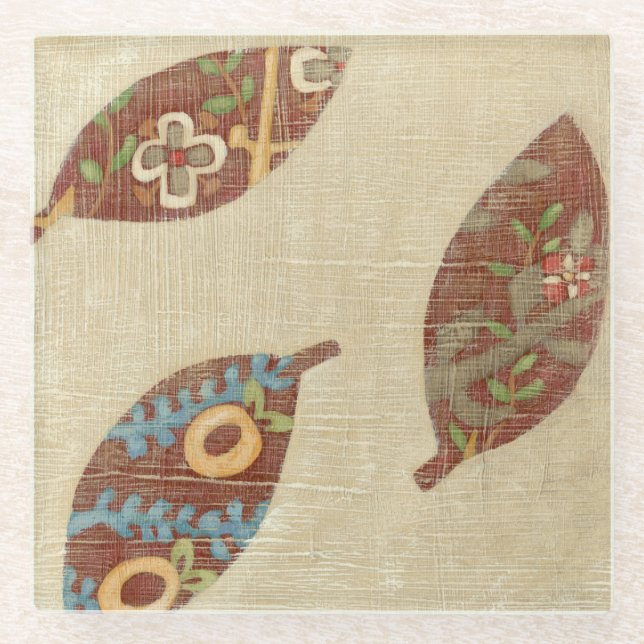 Three Leaves on Linen Texture Background Glass Coaster (Front)