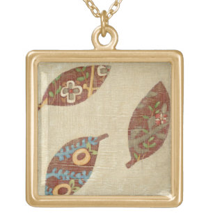 Three Leaves on Linen Texture Background Gold Plated Necklace