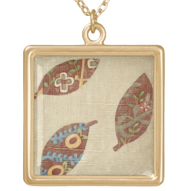 Three Leaves on Linen Texture Background Gold Plated Necklace (Front)