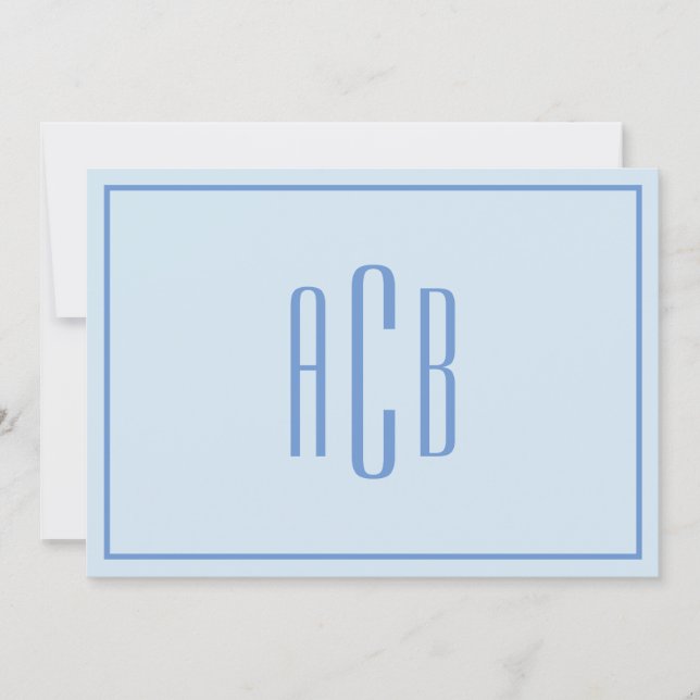 Three Letter Cornflower Blue Monogram Border Note Card (Front)