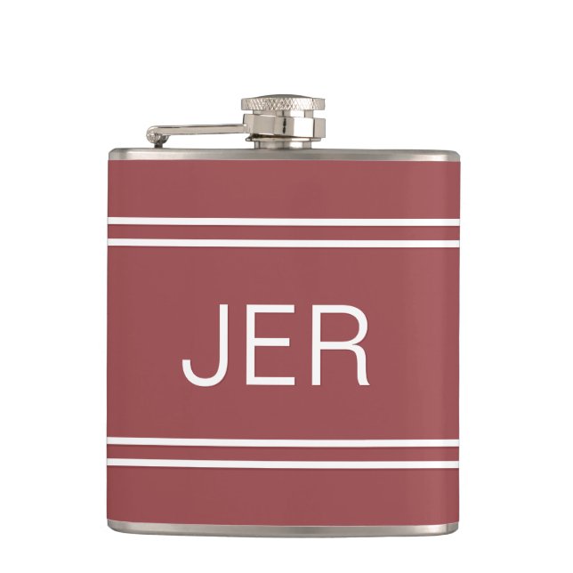 Three Letter Initials Monogrammed Dark Trendy Red Flask (Front)