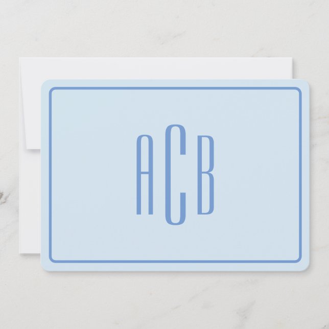 Three Letter Monogram Cornflower Blue Border Note Card (Front)