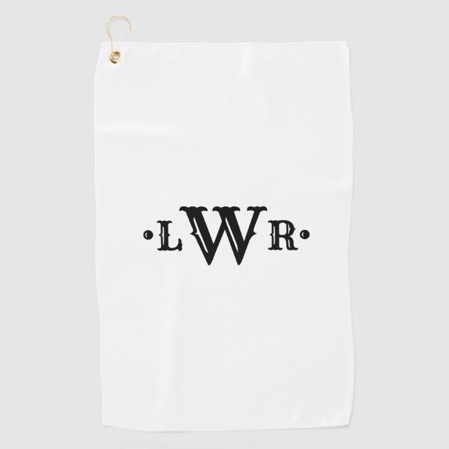Three Letter Monogram Custom Elegant Black & White Golf Towel (Front)