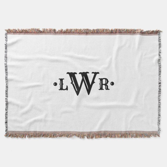 Three Letter Monogram Custom Elegant Black & White Throw Blanket (Front)