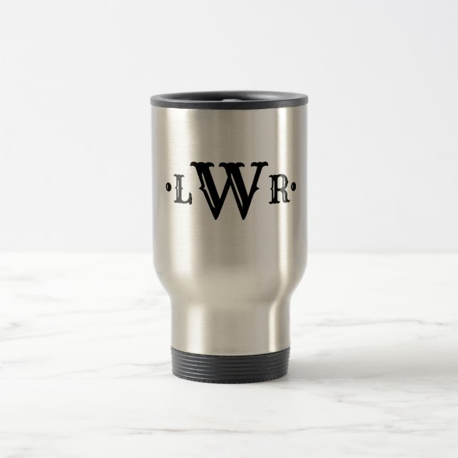 Three Letter Monogram Custom Elegant Black & White Travel Mug (Center)