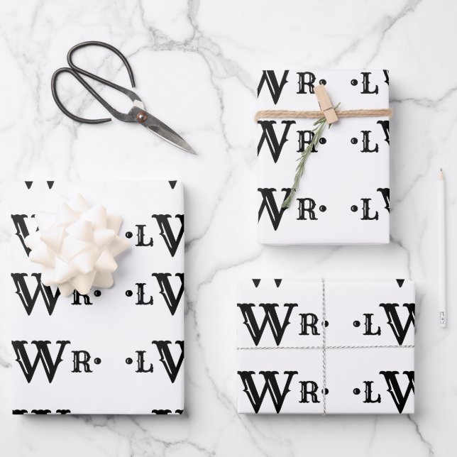 Three Letter Monogram Custom Elegant Black & White Wrapping Paper Sheets (Front)