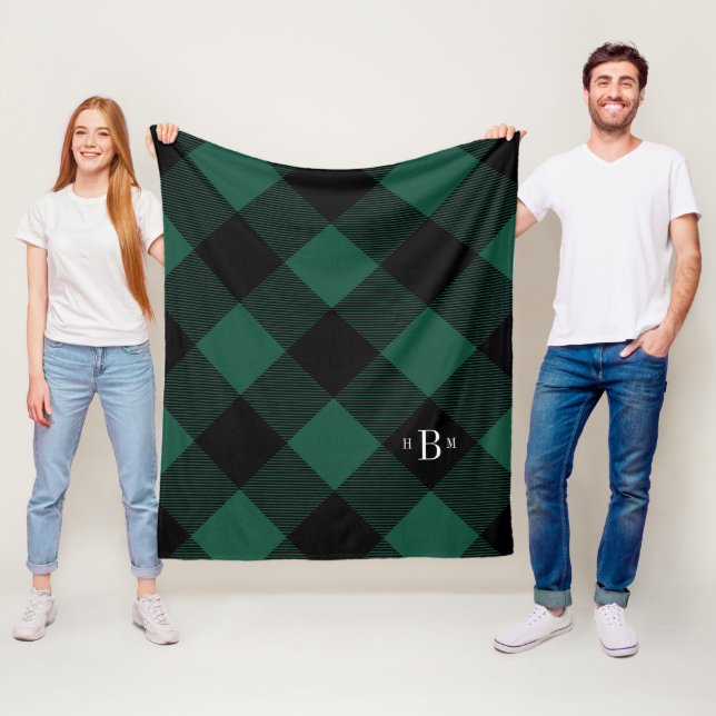Three Letter Monogram Green Buffalo Check Fleece Blanket (In Situ)