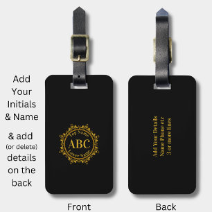 Three Letter Monogram & Name in Gold Circle Frame Luggage Tag