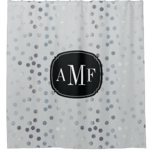 Three Letter Monogram Silver Glitter Dots on Gray Shower Curtain