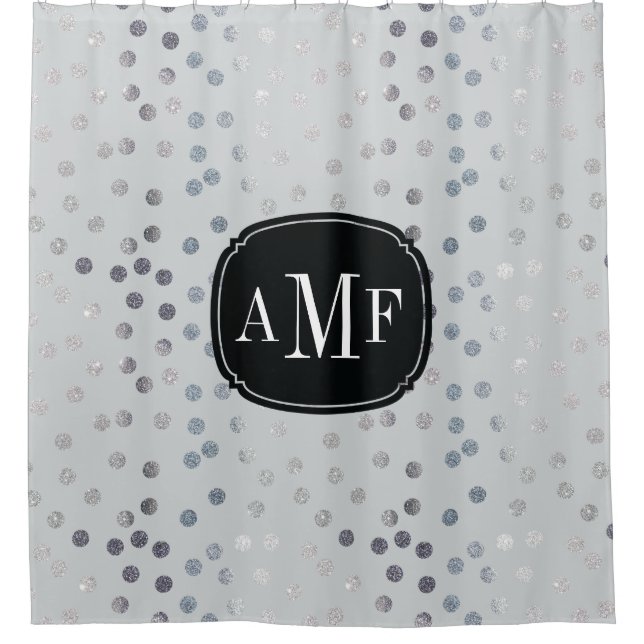 Three Letter Monogram Silver Glitter Dots on Gray Shower Curtain (Front)