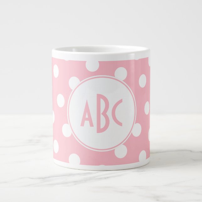 Three Letter Monogrammed Pink and White Polka Dots Giant Coffee Mug (Front)