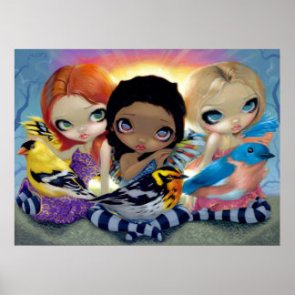 Three Little Birds ART PRINT bird fairy big eyes