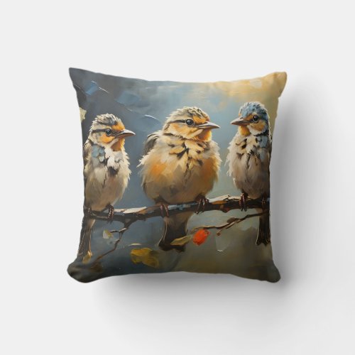 Three Little Birds On A Branch Painting Throw Pillow