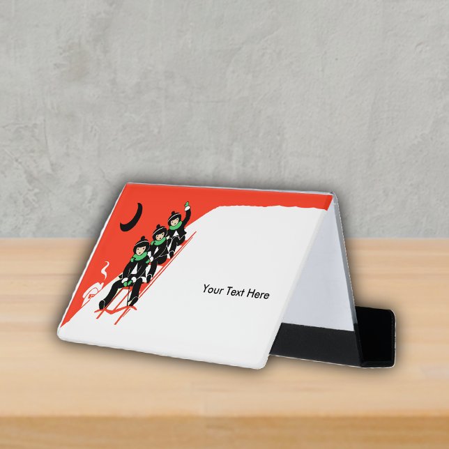 Three Little boys Sledding down Hill Moon Red Desk Business Card Holder (Three boys sled riding in snow black moon red sled on business card holder.)