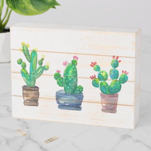 Three Little Cactus Plants Wooden Box Sign