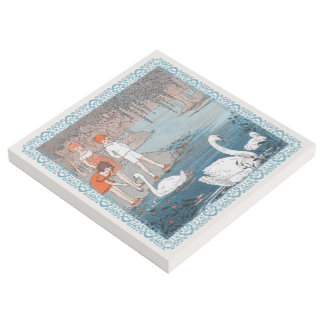 Three Little Children at Lake Feeding Swans Border Gallery Wrap