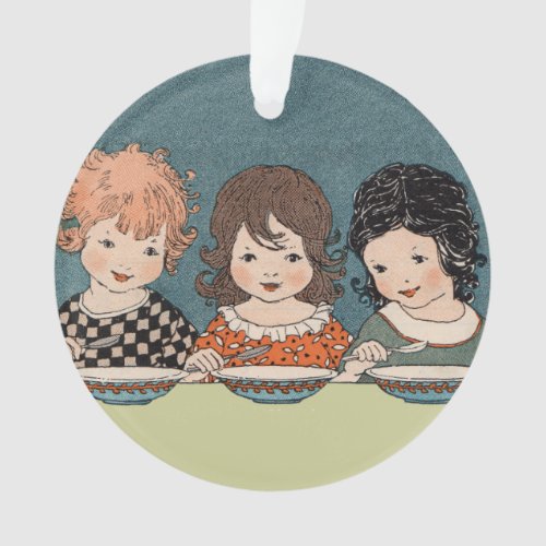Three Little Girl Sisters at Table Eating Soup Ornament