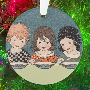 Three Little Girl Sisters at Table Eating Soup Ornament