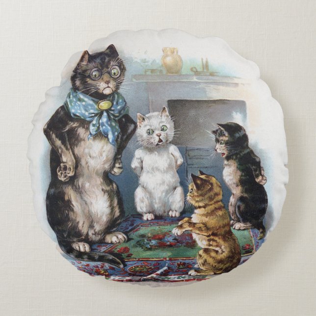 Three Little Kittens and Mother, Louis Wain Round Pillow (Front)