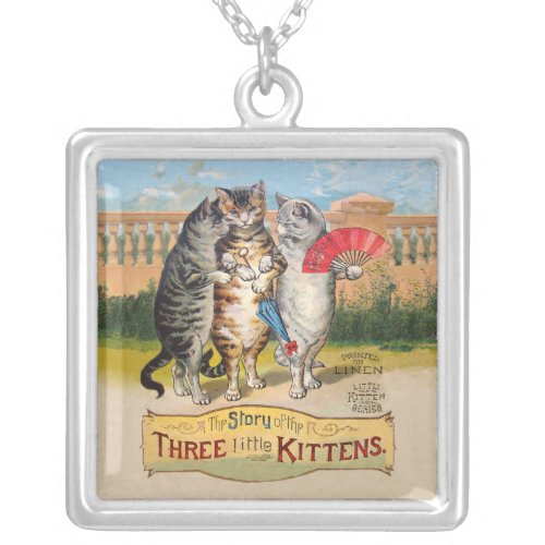 Three Little Kittens Mother Goose Illustration Silver Plated Necklace