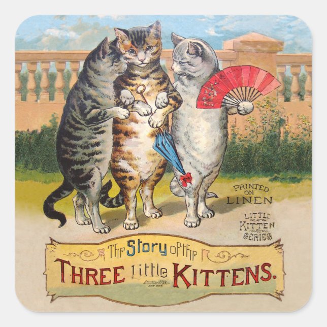 Three Little Kittens Mother Goose Illustration Square Sticker (Front)