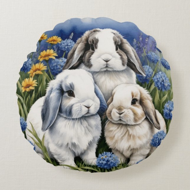 Three Little Lop Bunnies Round Pillow (Front)
