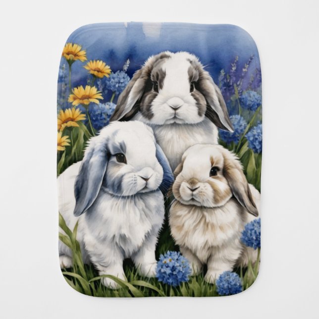Three Little Lop Bunny Rabbits  Baby Burp Cloth (Front)