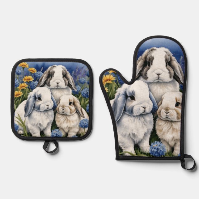 Three Little Lop Bunny Rabbits Oven Mitt & Pot Holder Set (Front)