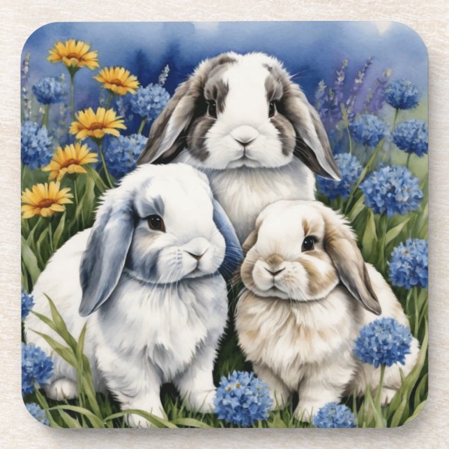 Three Little Lop Bunny Rabbits set of 6 Beverage Coaster (Front)