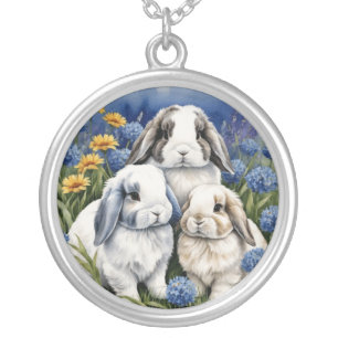 Three Little Lop Bunny Rabbits Silver Plated Necklace